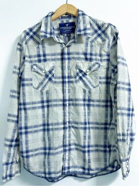 American Eagle Western Pearl Snap Shirt Men’s XL Blue White Plaid